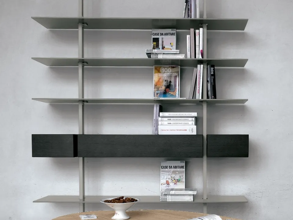 Bookshelf System configuration 03 in glass, black oak HPL and aluminum by Extendo.