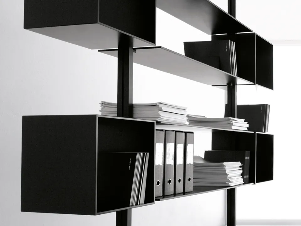 Partitioning System Bookshelf configuration 16 with lacquered glass shelves by Extendo.