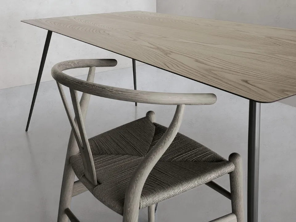 Spillo Table configuration 05 with oak HPL top and cast iron steel frame by Extendo.