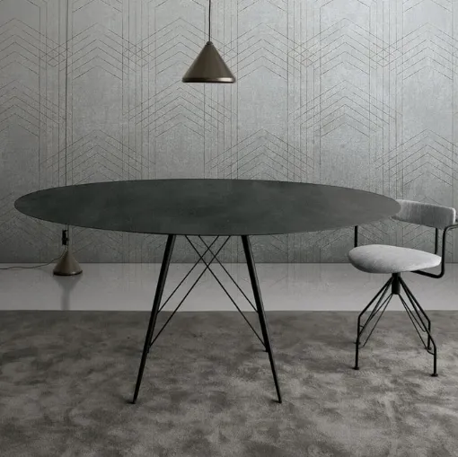 Spillo Table configuration 28 with black ceramic top and steel frame by Extendo